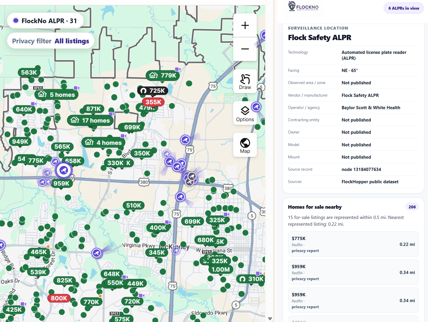 FlockNo Camera Details panel beside a property-search map