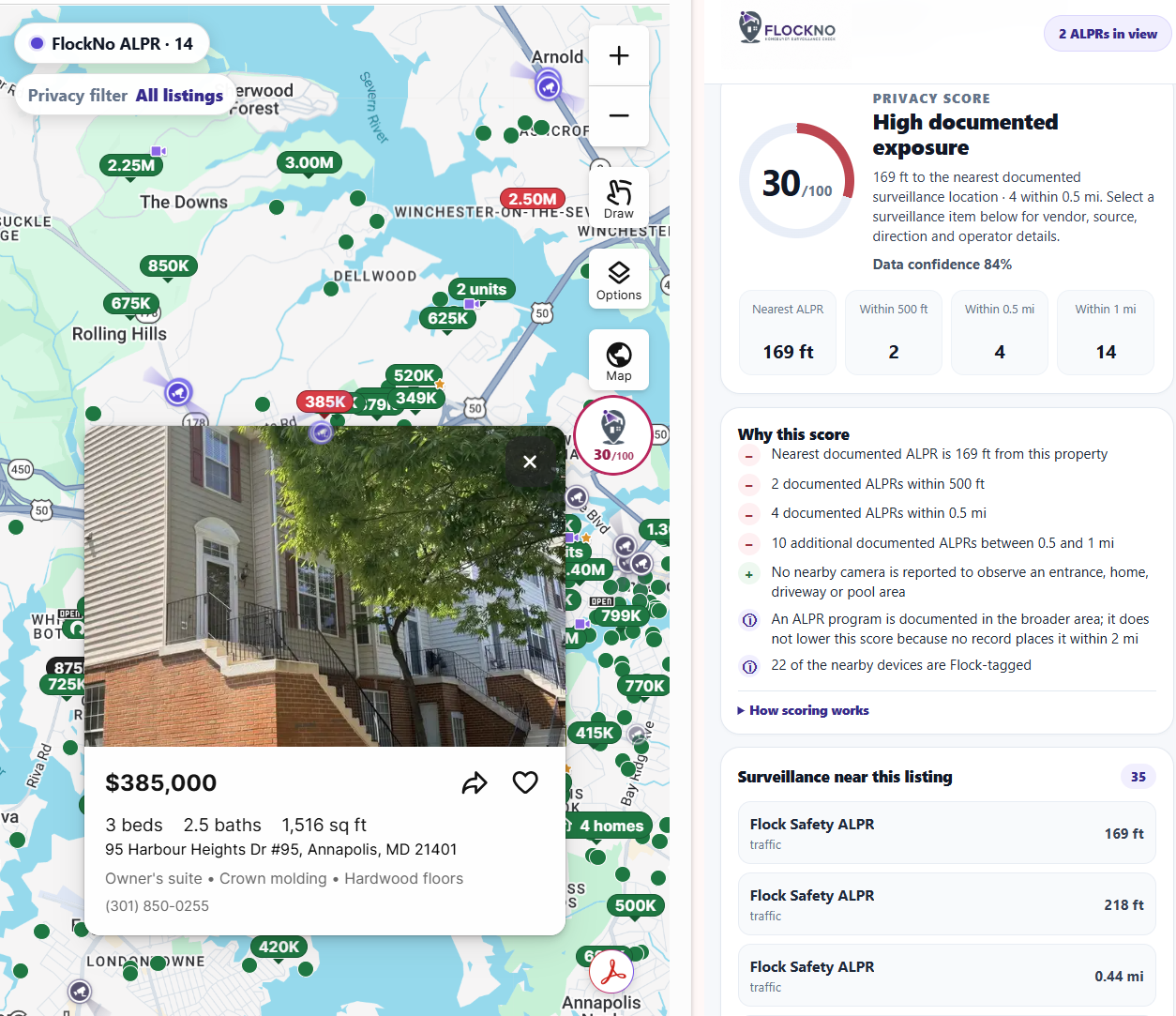 FlockNo property privacy report showing a home with multiple documented ALPR cameras nearby