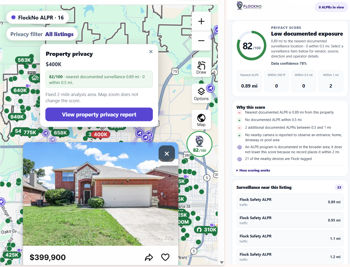 FlockNo Property Privacy Report showing privacy score and nearby documented surveillance